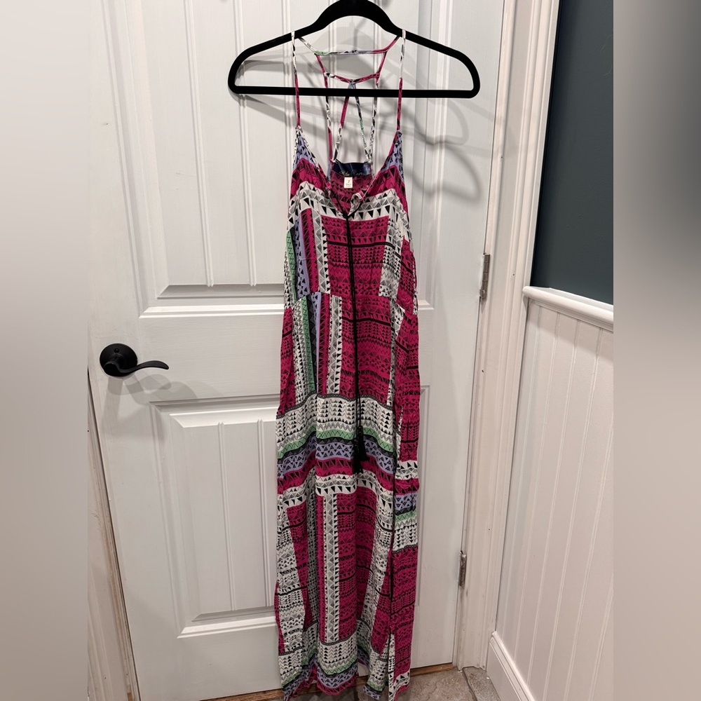 Blue Rain Pink and Multi-Colored Geometric Pattern Maxi Dress